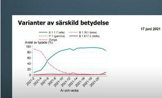 Diagram som visar andelen PCR-tester och ökningen av deltavarianten av covid-19 över tid.