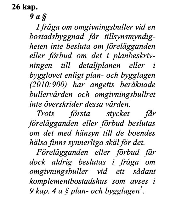 Utdrag från PBL, 26 kap. 9 § om förelägganden i fråga om omgivningsbuller och bostadsbyggnad, relaterat till ett attefallshus.