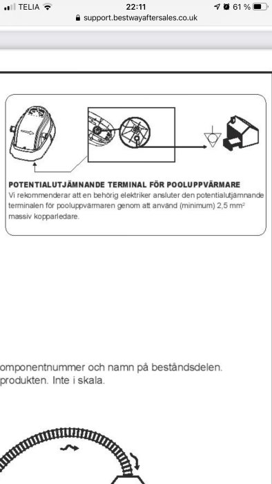 Illustration av potentialutjämnande terminal för poolvärmare med rekommenderad kabeldimension.