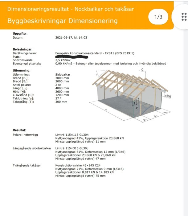 Schematisk bild av dimensioneringsresultat för nockbalkar och takåsar med angivna mått och belastningsdata.