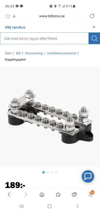Kopplingsplint för elinstallation visas på en mobilskärms webbutikssida.