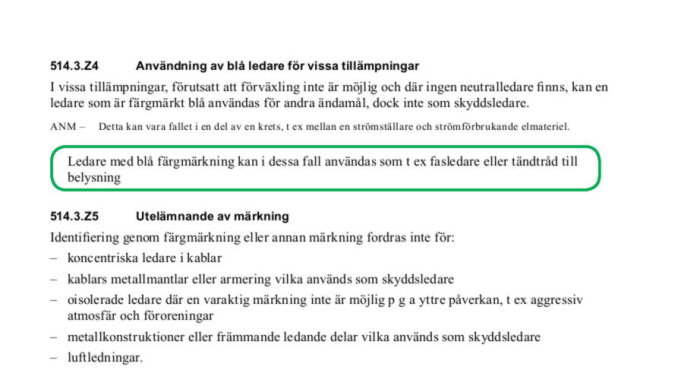 Utdrag ur elinstallationsregler med text markerad om användning av blå ledare för belysning.