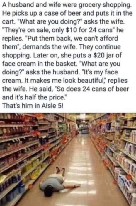 Text på en bild som beskriver en dialog mellan make och maka under shopping, med en skämtsam poäng där mannen ligger på golvet i en mataffär.