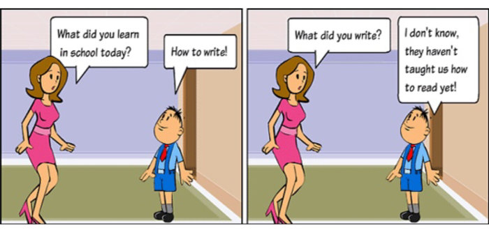 Två tecknade serierutor med ett barn som diskuterar med en vuxen om att skriva och läsa.