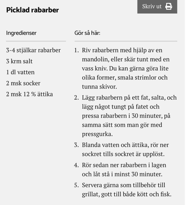 Recept på picklad rabarber med en lista över ingredienser och steg-för-steg-instruktioner för tillagningen.