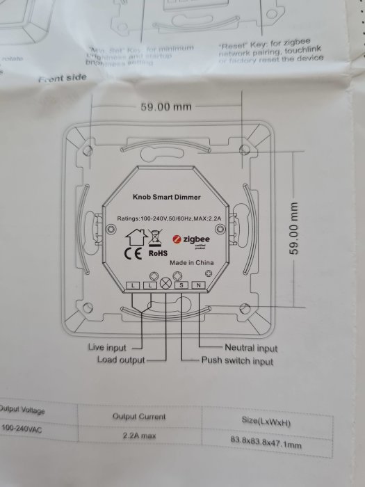 Installationsschema för en Knob Smart Dimmer med tekniska specifikationer och måttangivelser.