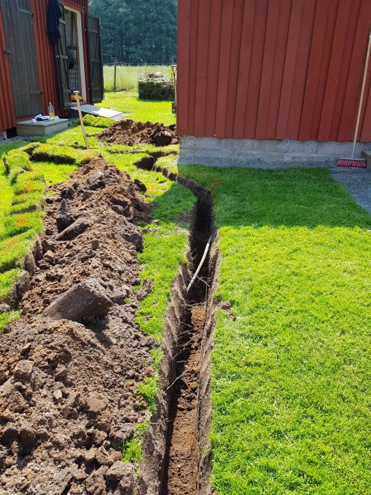 Färskt grävt dike i en grön trädgård för slangdragning till en gäststuga och vedbod, med spade och kratta synliga.