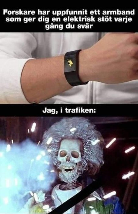 Övre bild på ett armband som elchockar vid svordomar och nedre bild på en karaktär med elektrifierat hår och skrattande skelettansikte i trafiken.