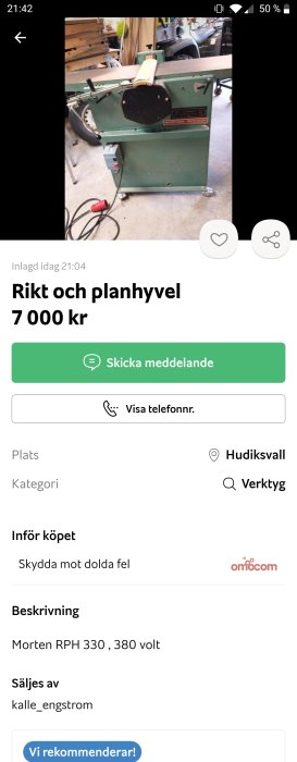 Rikt och planhyvel Morten RPH 330 i en verkstad, med fokus på hyveln och synligt riktanhåll.