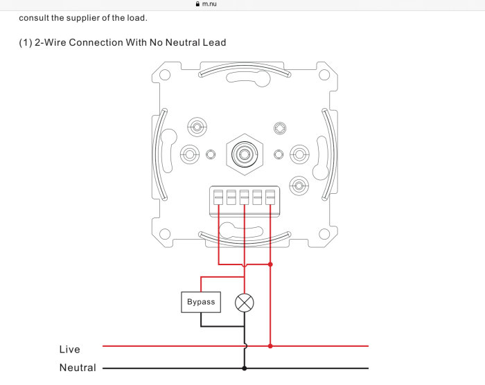 Illustration av en 2-trådsanslutning utan neutral ledning för en vriddimmer, inklusive bypass.