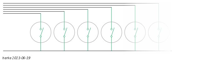 Schematisk illustration av strömbrytare kopplade linjärt med gemensam referenspunkt.