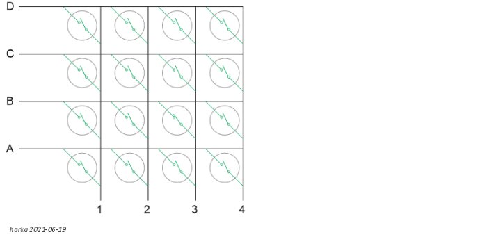 Schematiskt diagram som visar en matriskoppling av strömbrytare med märkningar A till D och 1 till 4.