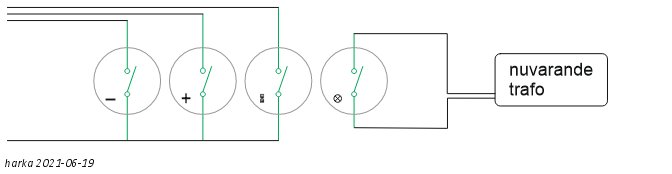 Schematisk illustration av koppling med fyra strömbrytare anslutna till en gemensam transformator.