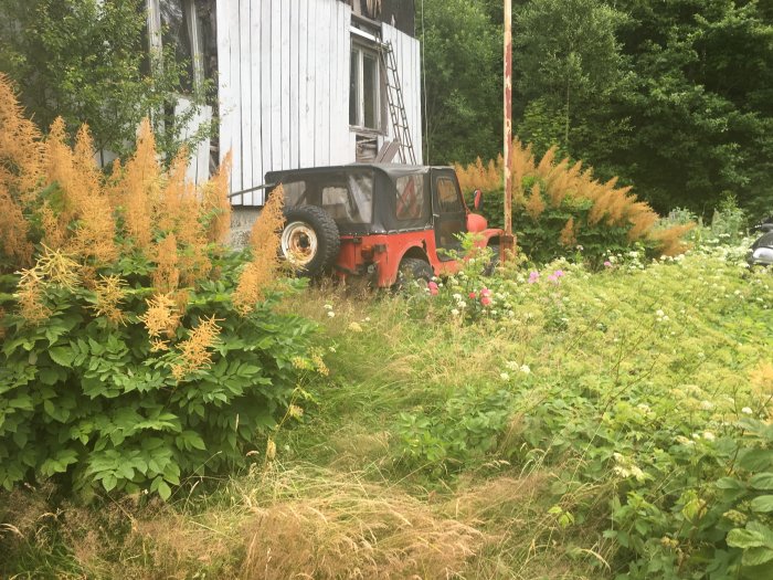 Röd traktor övergiven bland högt gräs och blommor vid vit trähusvägg.