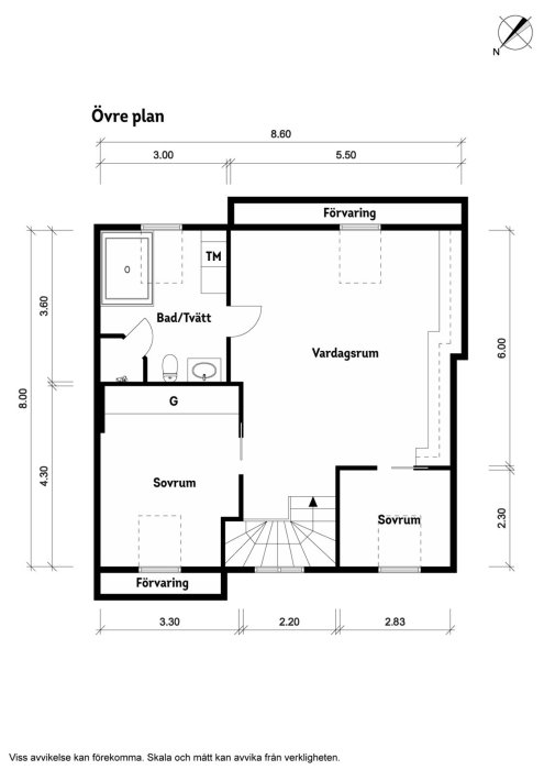 Ritning av övre plan i ett hus med sovrum, badrum, tvättstuga och vardagsrum, markerad för renovering.