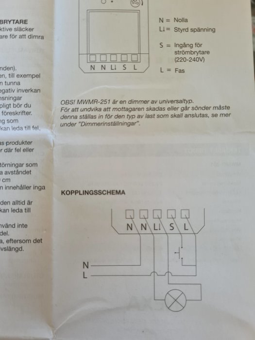 Elektriskt kopplingsschema för en dimmer med beteckningar och förklaringar för ledningar, inklusive N, L, och S.