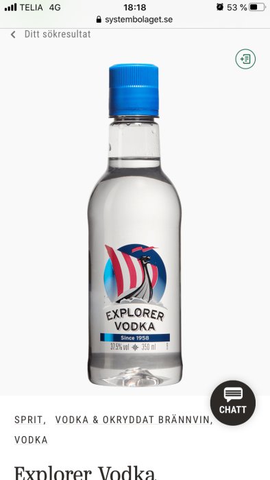 Flaska Explorer Vodka med blå kork och etikett med segelbåt, på en mobilskärmsbild från Systembolaget.