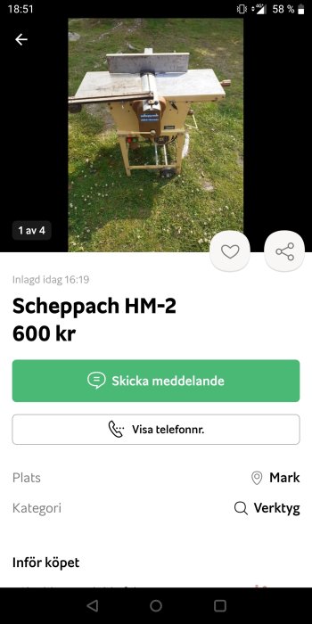 Begagnad Scheppach HM-2 hobby kombimaskin för snickeri utställd på gräs.