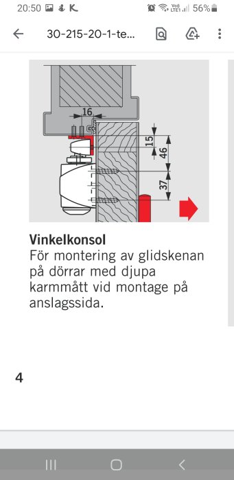 Teknisk ritning av vinkelkonsol för glidskenmontering på dörrkarmens anslagssida.