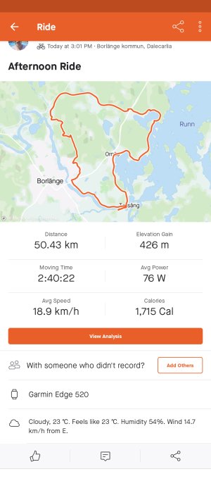 Skärmdump av cykeltur-statistik med karta, distans på 50.43 km, och väderdata i Borlänge kommun, Dalarna.