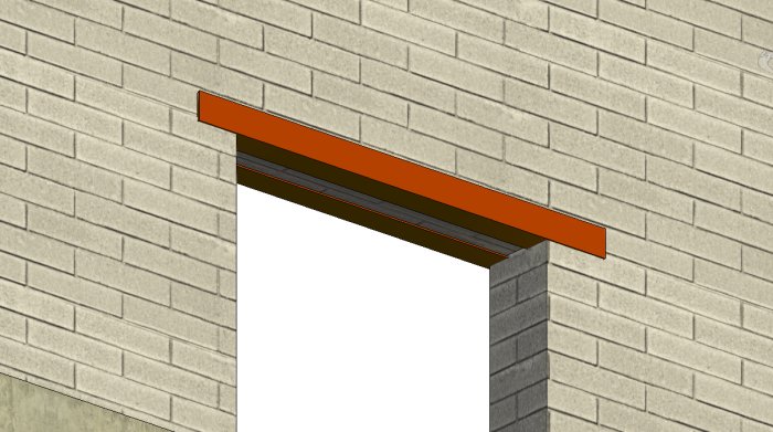 3D-rendering av ett snitt genom en mur med ett orange vinkeljärn som är inhugget i fogen ovanför en öppning.
