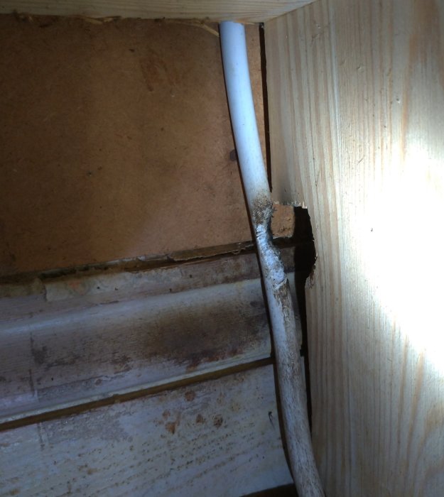Elkabel med märken efter gnagare och brännskador vid ett vägguttag.