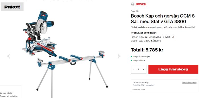 Blå Bosch GCM 800 SJL kap- och gersåg med GTA 3800 sågbord, pris och innehåll listat.