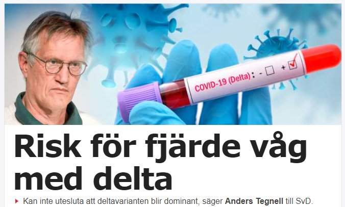Artikelbild med rubrik om risk för fjärde våg med Covid-19 delta-variant och blodprovstub.