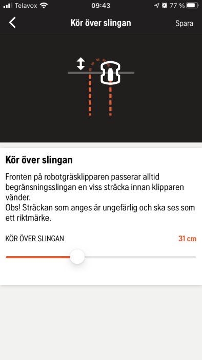 Inställningsskärm för robotgräsklippare visar justerbar körsträcka över begränsningsslinga.