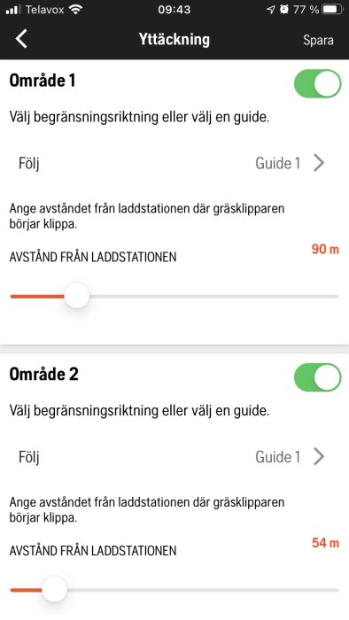 Skärmdump av inställningar för gräsklippningsområden med avståndsreglage för laddstationen.