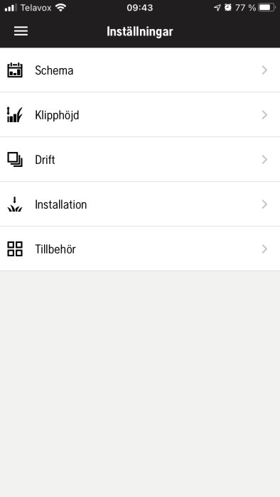 Skärmdump av en mobiltelefon som visar inställningsmenyn med alternativ som Schema, Klipphöjd, Drift, Installation, Tillbehör.