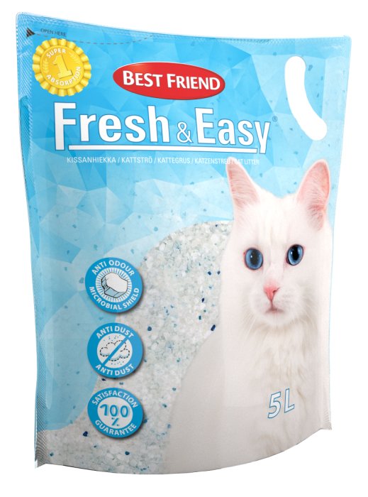 Förpackning av Best Friend Fresh & Easy kattsand med bild på en vit katt och blåa kristaller som symboliserar sanden.