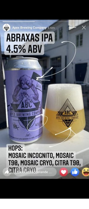 Apex Brewing Company session IPA med 4.5% ABV, illustrerad burk och ett glas med skummande öl.