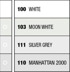 Färgprover för fog, alternativ 100 White, 103 Moon White, 111 Silver Grey, 110 Manhattan 2000.