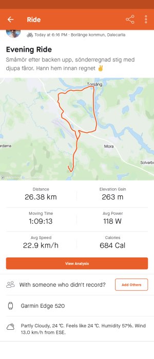 Cykeltur uppmätt med app inkluderar karta, distans, tid, genomsnittshastighet och kaloriförbrukning.