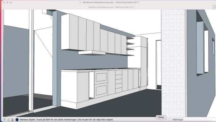 SketchUp-ritning av köksmöblering med skåp, hyllor och plats för diskbänk.