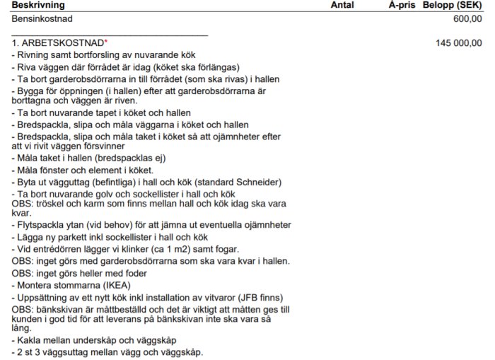 Offert med detaljerad beskrivning av arbetskostnader och åtgärder för köks- och hallrenovering, inklusive rivning och målning.