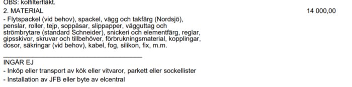 Offert med materiallista och priset 14 000 för köksrenovering och hall, exkluderar inköp/transport av kök och golvinstallation.