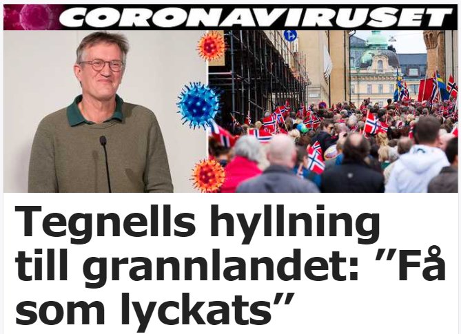 Anders Tegnell vid sidan av en folksamling med norska flaggor, rubrik om hyllning till Norges hantering av coronaviruset.