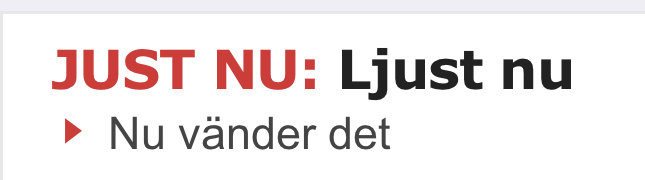 Textbanner med texten "JUST NU: Ljust nu" ovanför "Nu vänder det" med en röd pil.