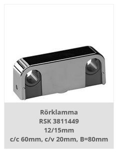 Rörklamma i metall för fastsättning av rör, betecknad RSK 3811449, dimensioner 12/15mm c/c 60mm, c/v 20mm, B=80mm.