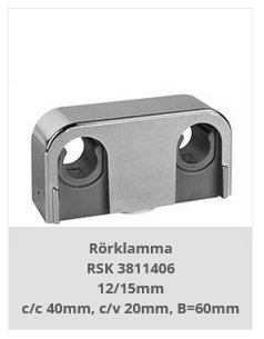 Rörklämma i metall för montering av rör, märkt med RSK 3811406 och dimensioner.