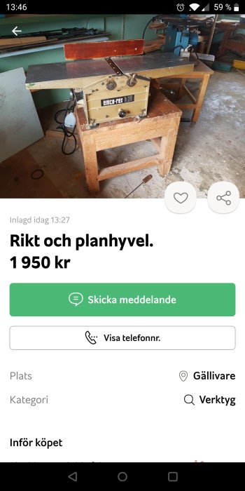 Äldre modell av EMCO-REX B20 rikt- och planhyvel på ett träbord i ett verkstadsutrymme.