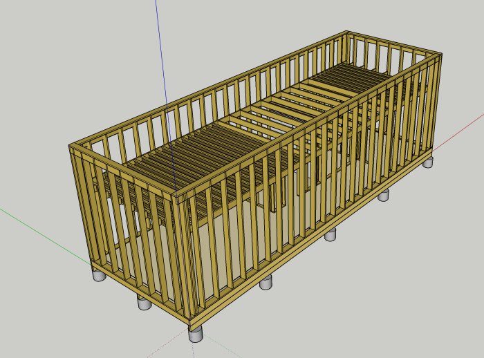 3D-modell av en spjälsäng i trä med en perspektivvy.