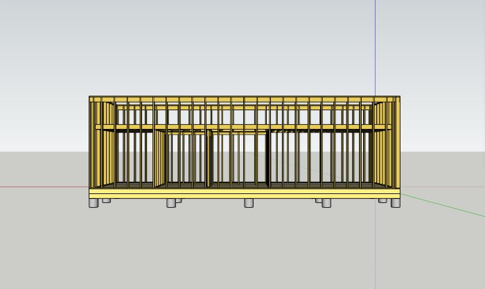 3D-modell av ett träregelverk för en byggnadsstruktur på en grå plattform med måttritningslinjer.