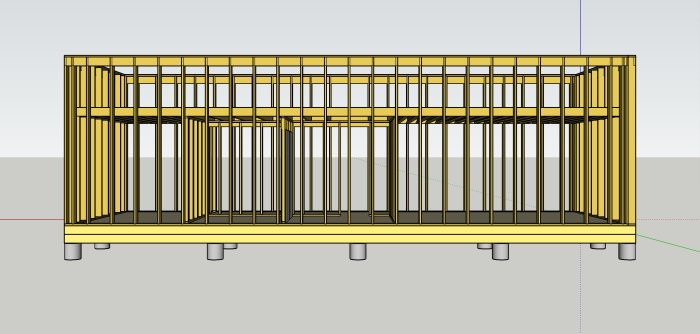 3D-modell av trästomme för byggprojekt med synliga reglar och bjälkar.