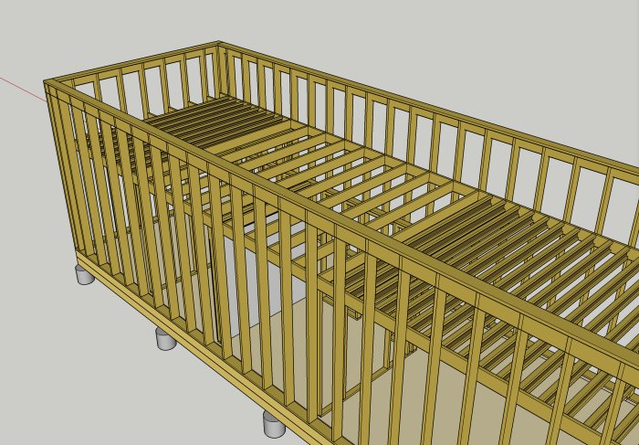 3D-modell av en träbalkongkonstruktion i gul färg med reglar och stolpar.