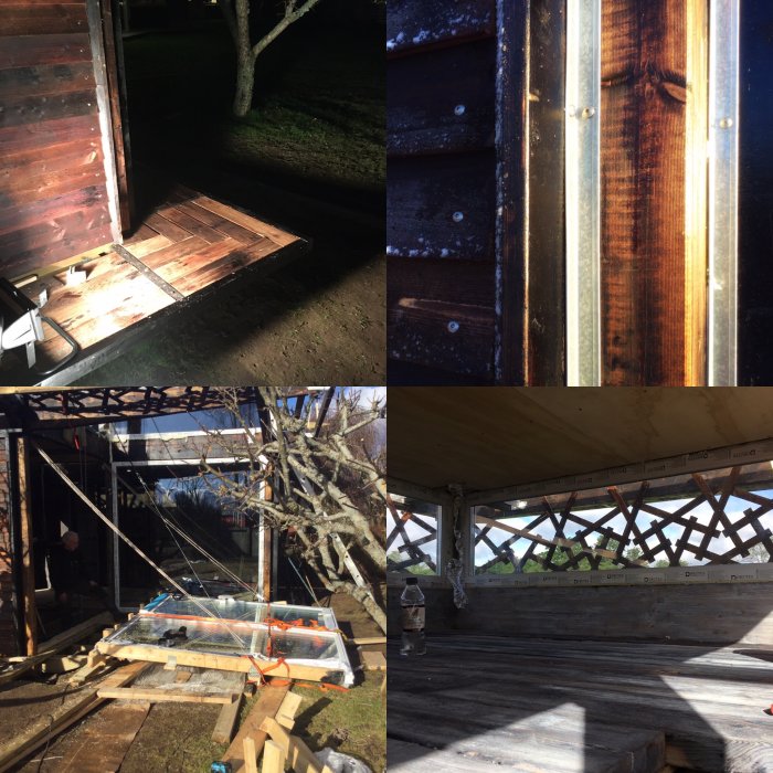 Kollage av fyra bilder som visar olika steg i ett byggprojekt: snickeriarbeten, träkonstruktion och renovering.