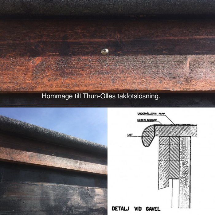 Kollage av två bilder och en ritning som visar Thun-Olles takfotslösning med detaljer vid gavel.