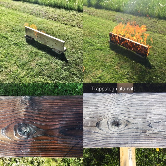 Kollage av fyra bilder: träkonstruktion på gräs, samma konstruktion brinnande, nära på träyta, och vitmålat trästeg.